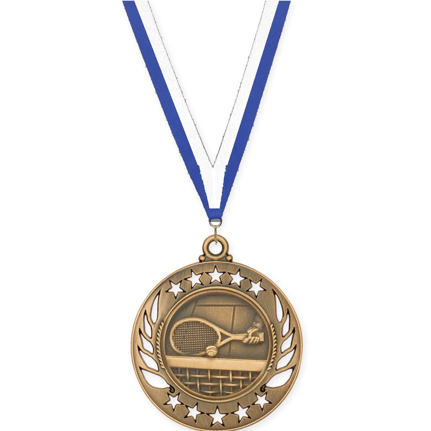 2 1/4 inch tennis Galaxy medal in antique bronze with Blue White neck ribbon