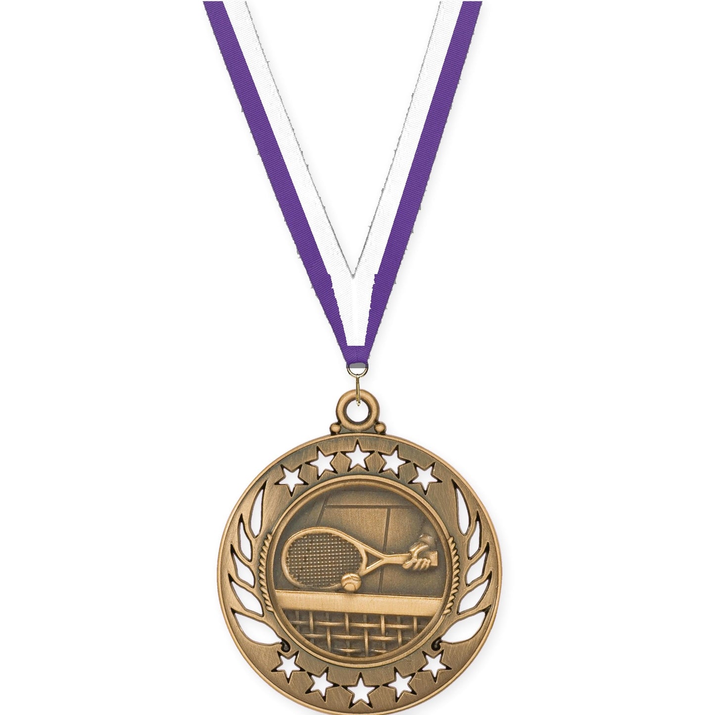 2 1/4 inch tennis Galaxy medal in antique bronze with Purple White neck ribbon