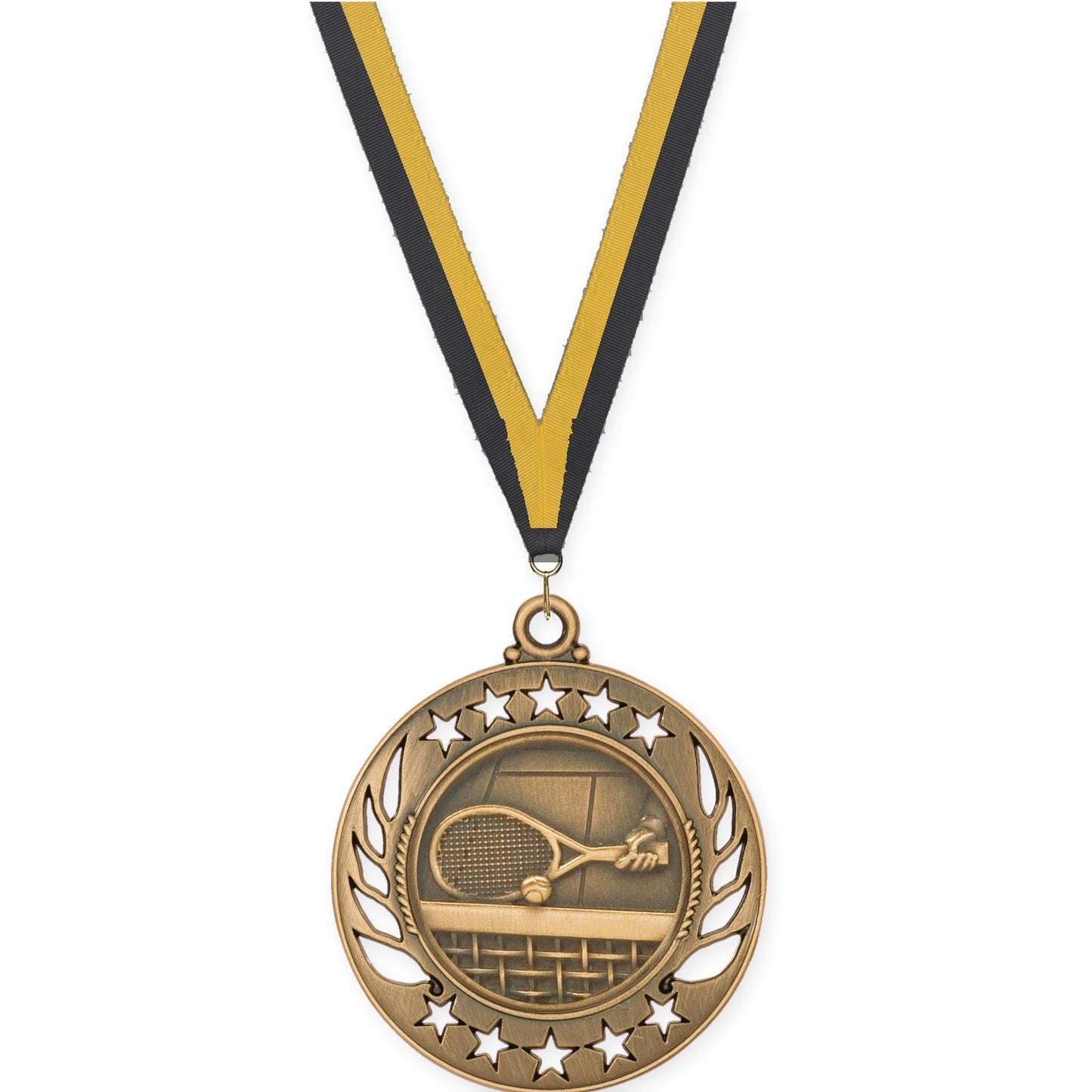 2 1/4 inch tennis Galaxy medal in antique bronze with Black Gold neck ribbon