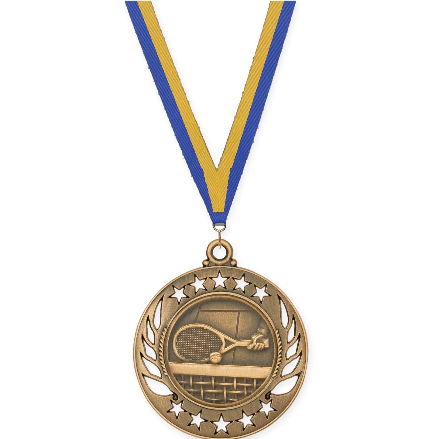 2 1/4 inch tennis Galaxy medal in antique bronze with Blue Gold neck ribbon