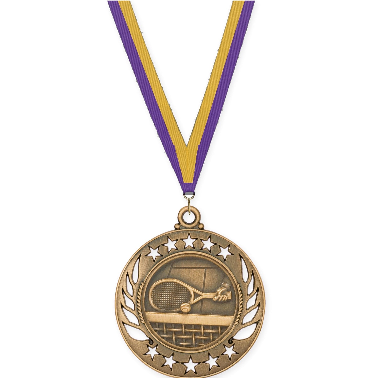 2 1/4 inch tennis Galaxy medal in antique bronze with Purple Gold neck ribbon