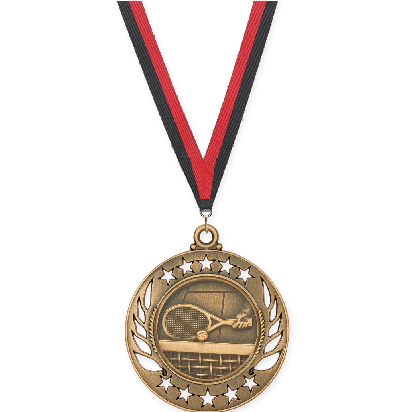 2 1/4 inch tennis Galaxy medal in antique bronze with Black Red neck ribbon