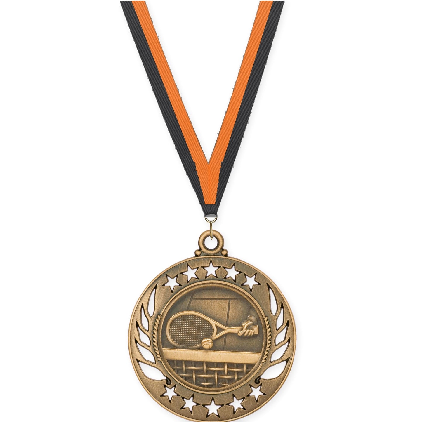 2 1/4 inch tennis Galaxy medal in antique bronze with Black Orange neck ribbon