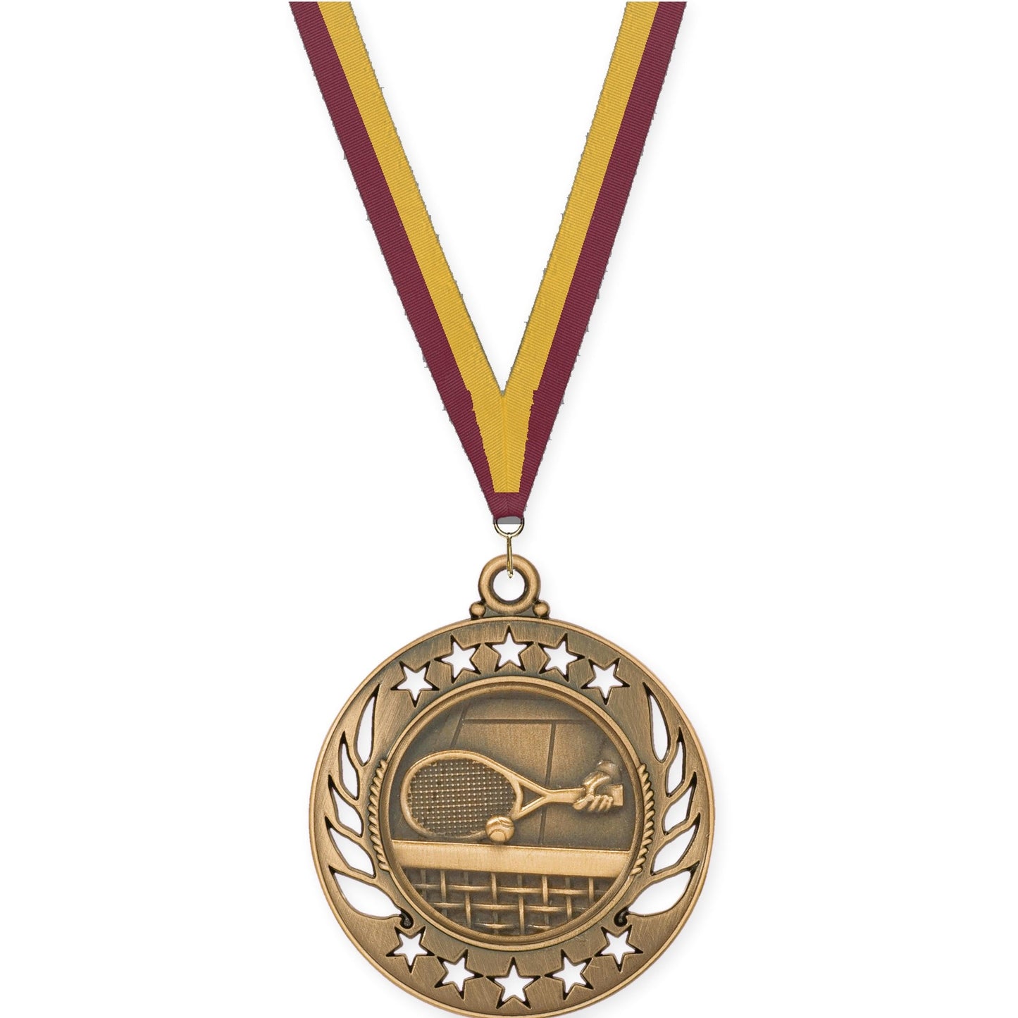 2 1/4 inch tennis Galaxy medal in antique bronze with Maroon Gold neck ribbon