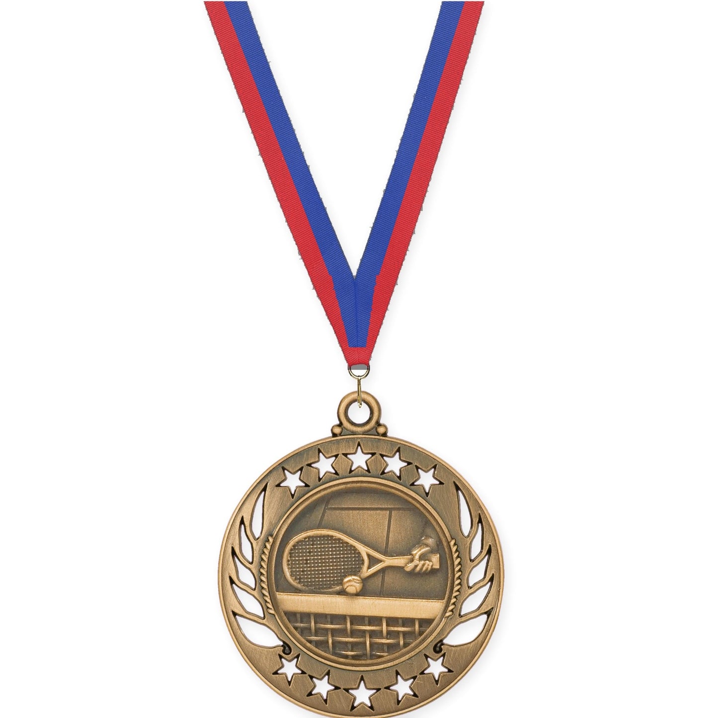 2 1/4 inch tennis Galaxy medal in antique bronze with Blue Red neck ribbon