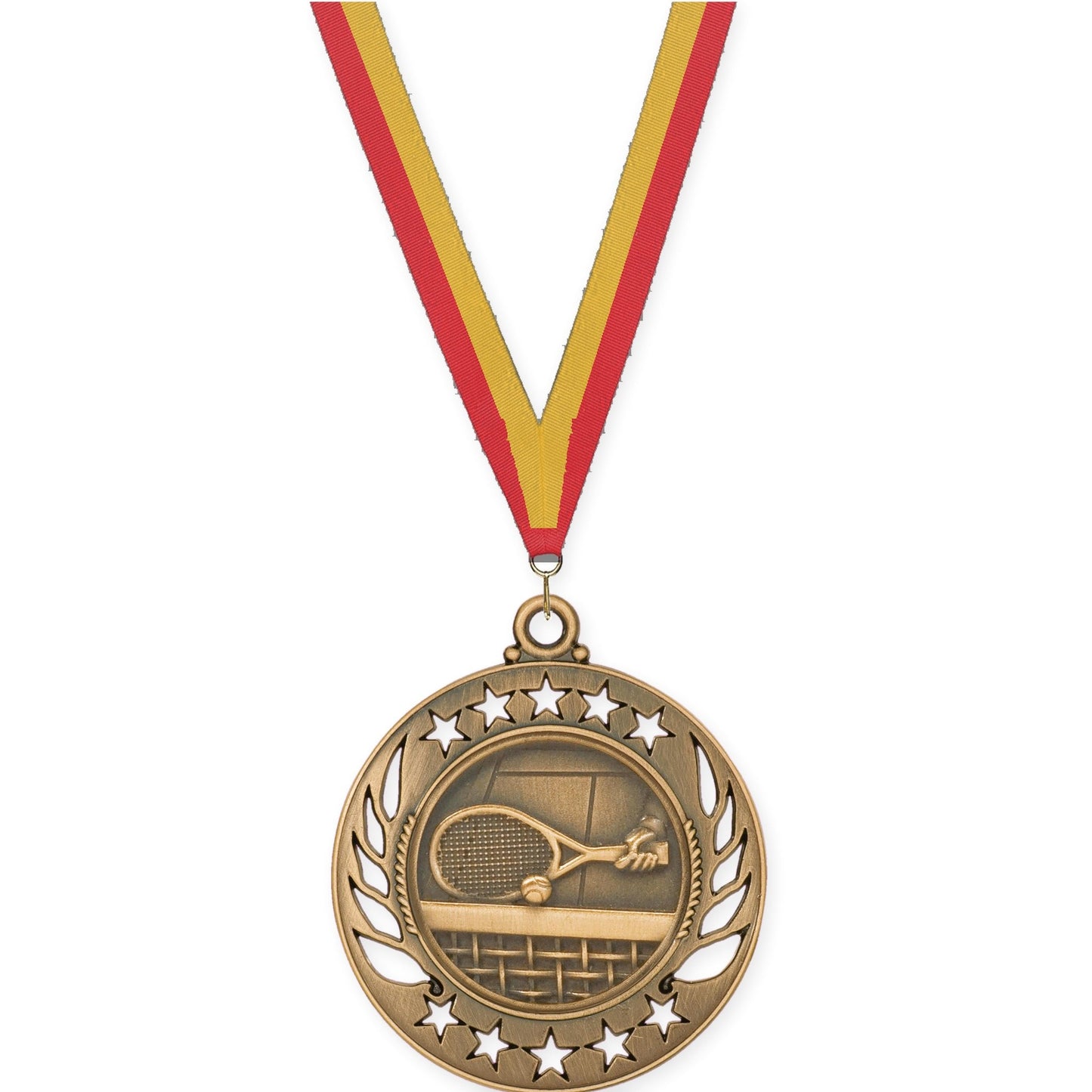 2 1/4 inch tennis Galaxy medal in antique bronze with Red Gold neck ribbon