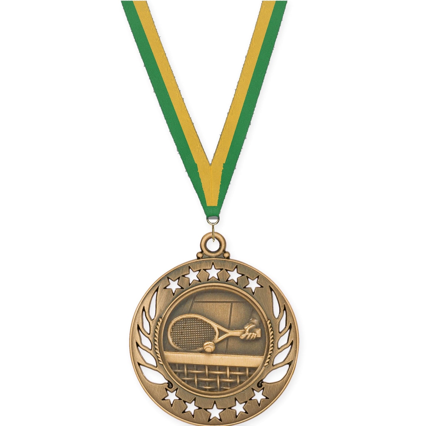 2 1/4 inch tennis Galaxy medal in antique bronze with Green Gold neck ribbon