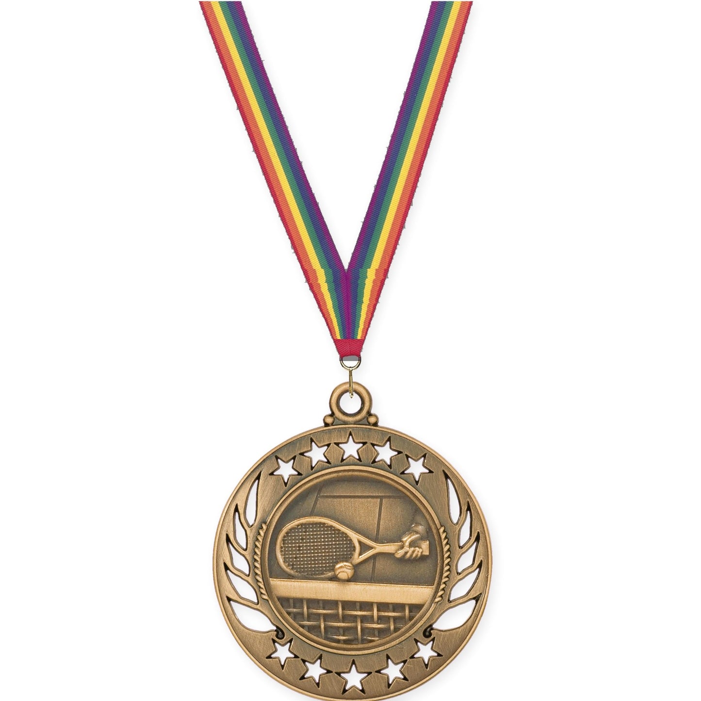 2 1/4 inch tennis Galaxy medal in antique bronze with Rainbow neck ribbon