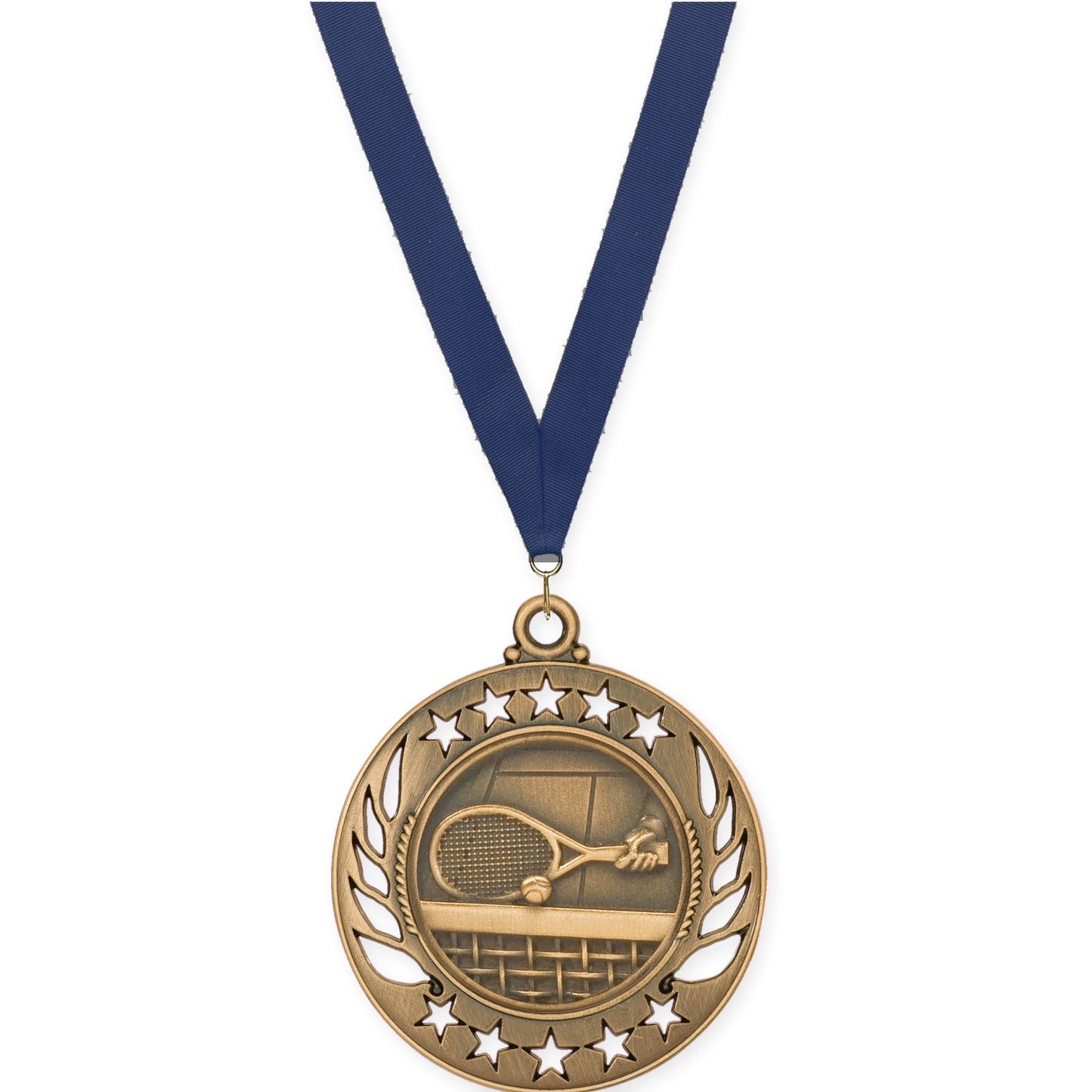 2 1/4 inch tennis Galaxy medal in antique bronze with Navy neck ribbon