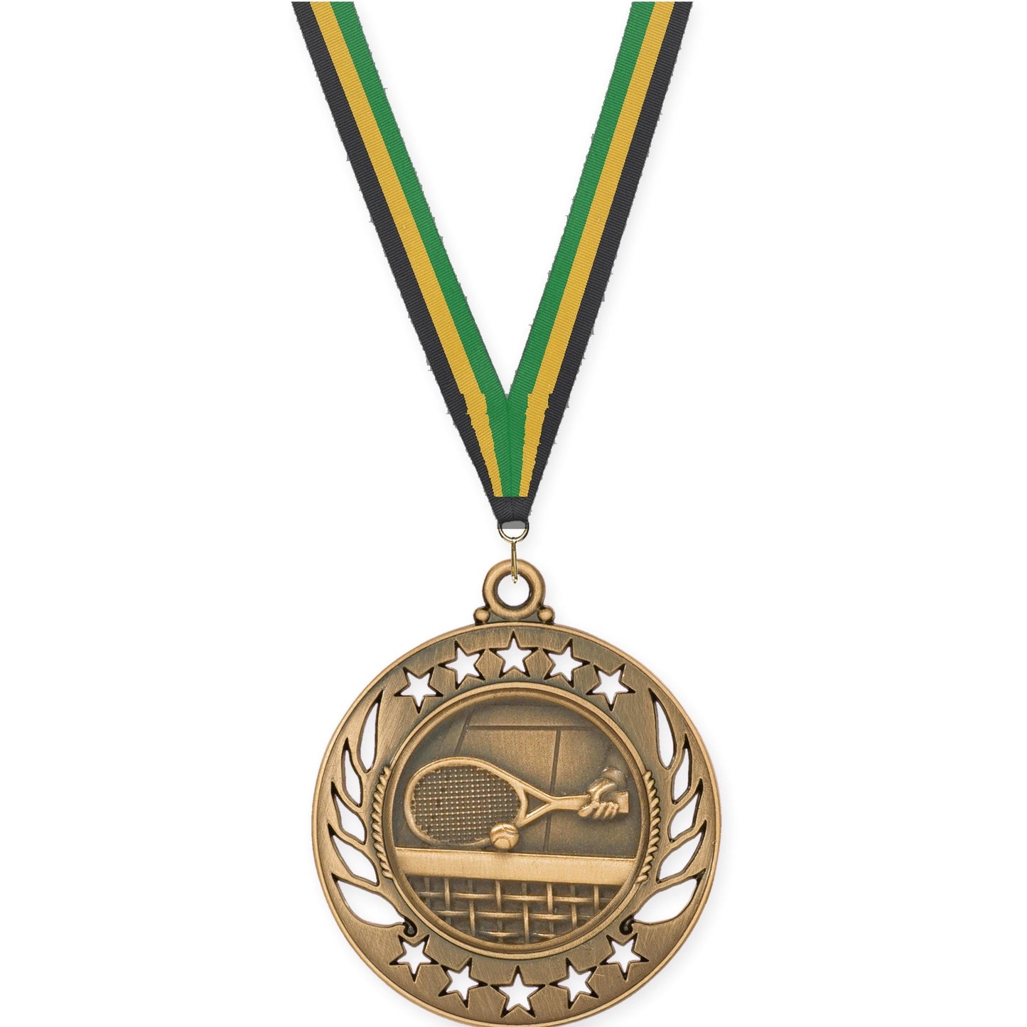 2 1/4 inch tennis Galaxy medal in antique bronze with Black Gold Green neck ribbon
