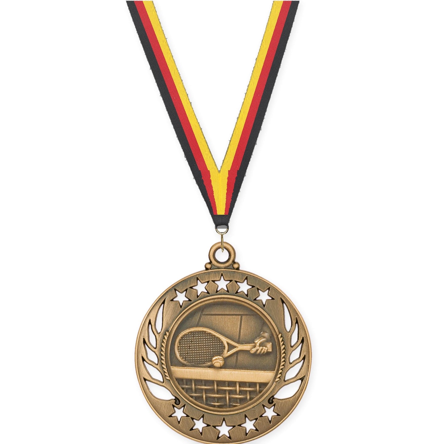 2 1/4 inch tennis Galaxy medal in antique bronze with Black Red Yellow neck ribbon