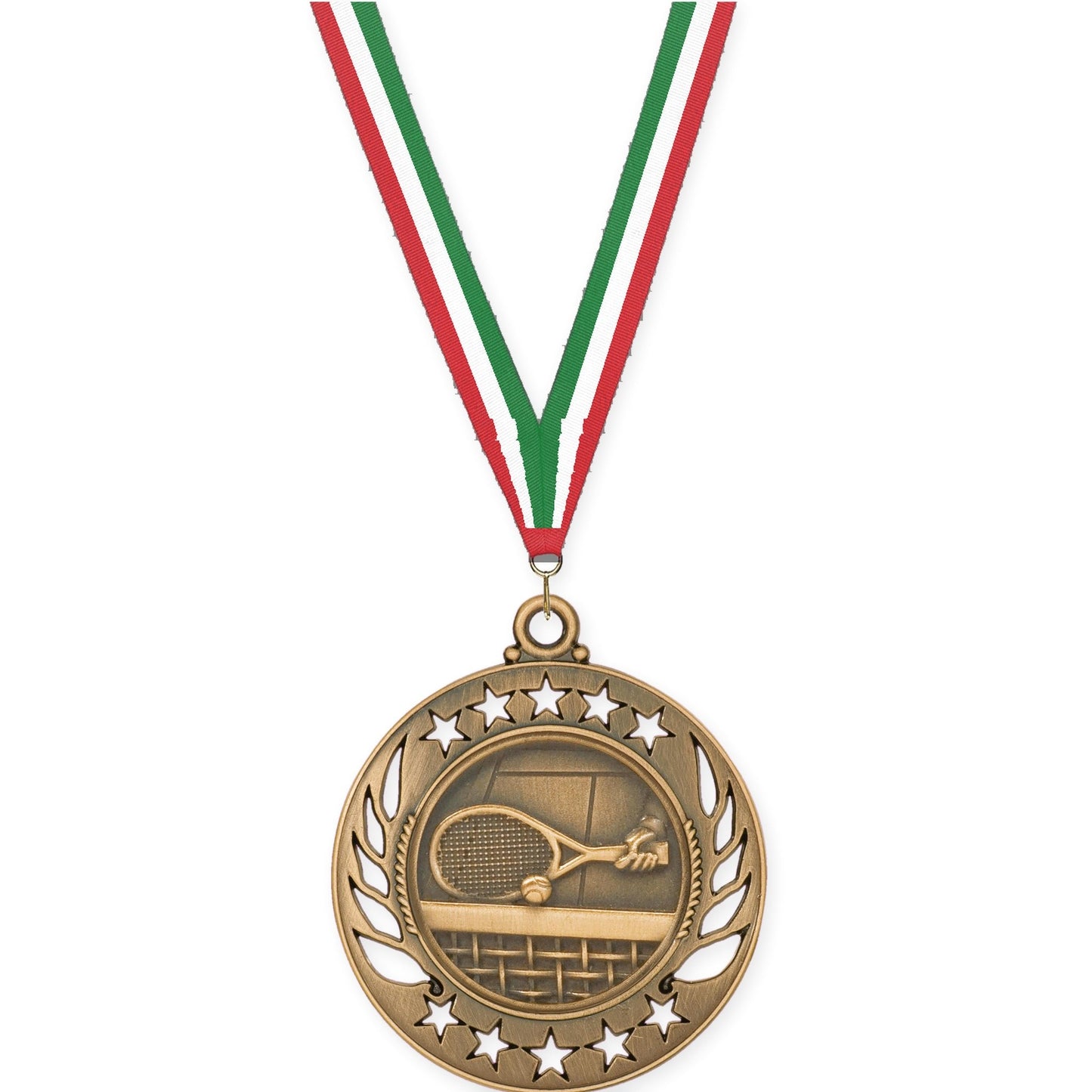 2 1/4 inch tennis Galaxy medal in antique bronze with Red White Green neck ribbon