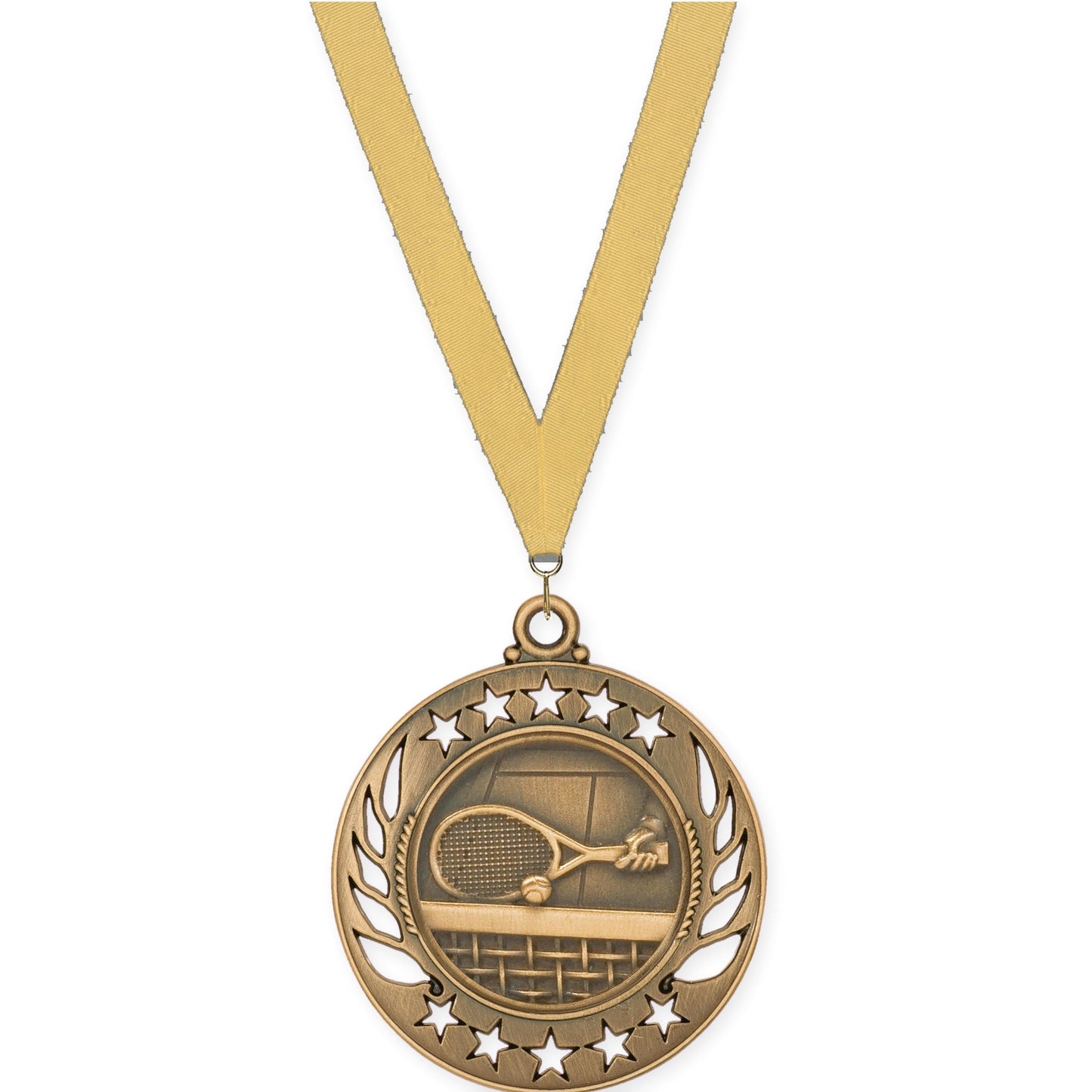 2 1/4 inch tennis Galaxy medal in antique bronze with Gold Metallic neck ribbon