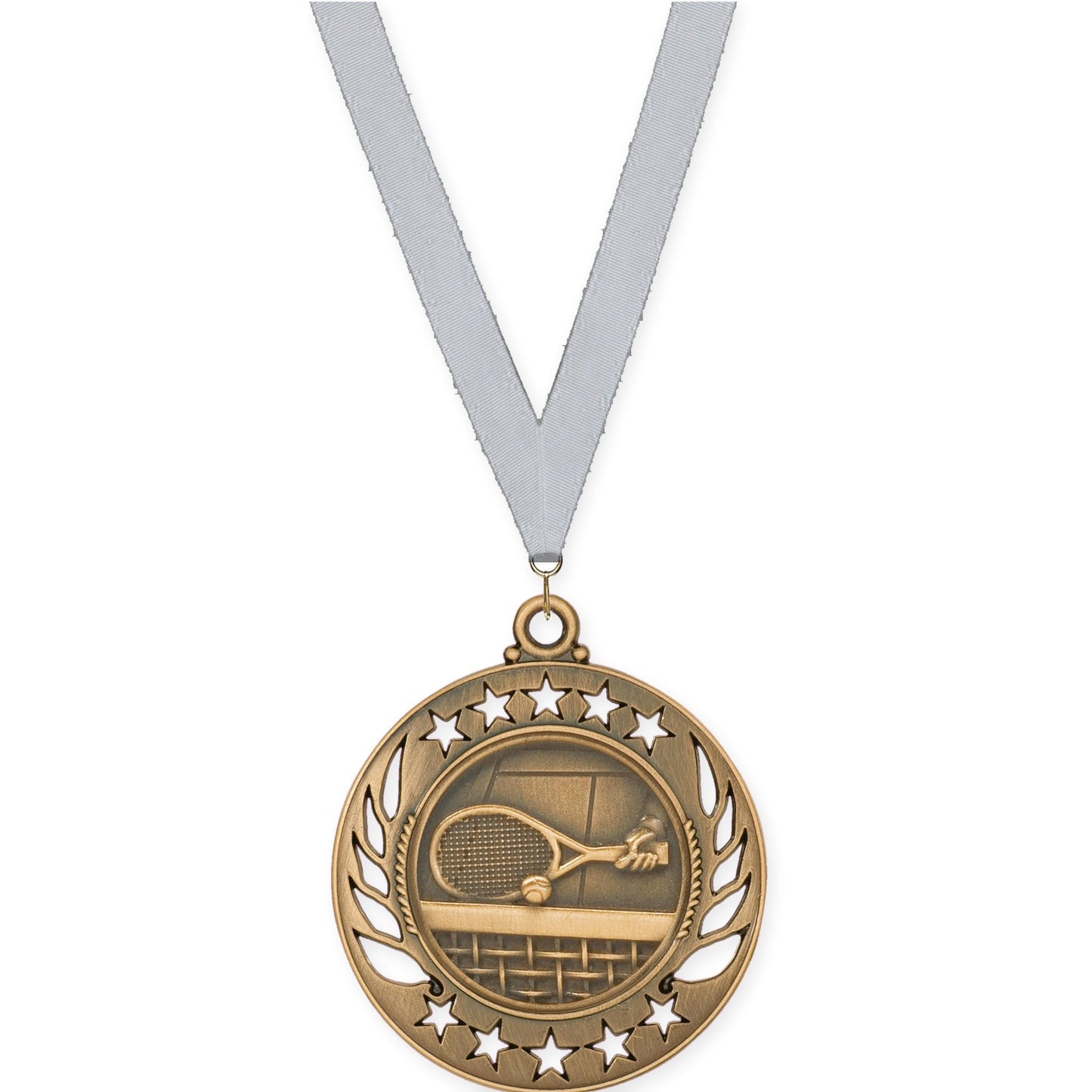 2 1/4 inch tennis Galaxy medal in antique bronze with Silver Metallic neck ribbon