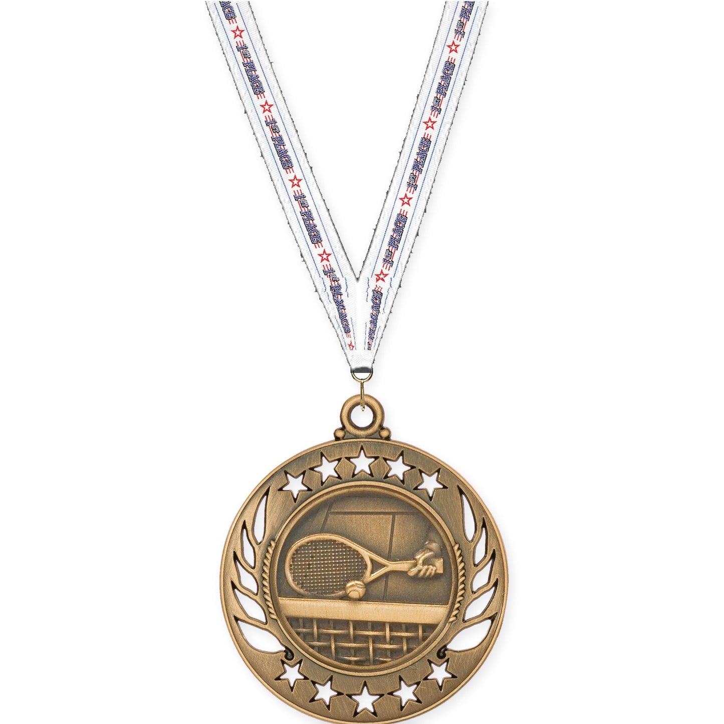 2 1/4 inch tennis Galaxy medal in antique bronze with 1st Place neck ribbon