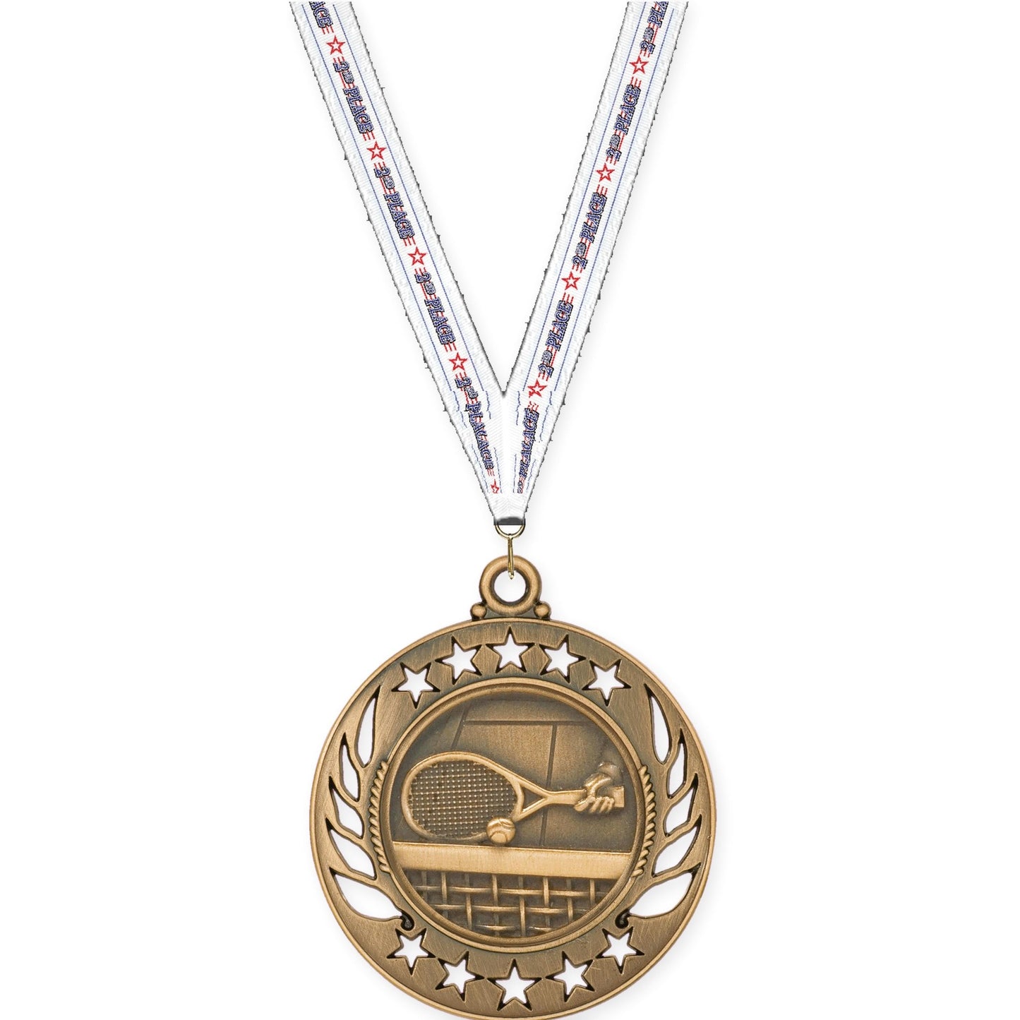 2 1/4 inch tennis Galaxy medal in antique bronze with 2nd Place neck ribbon