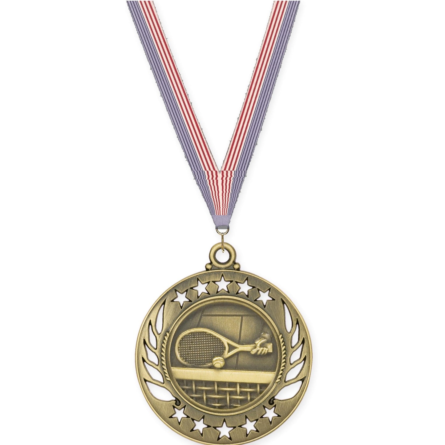 2 1/4 inch tennis Galaxy medal in antique gold with USA Flag neck ribbon