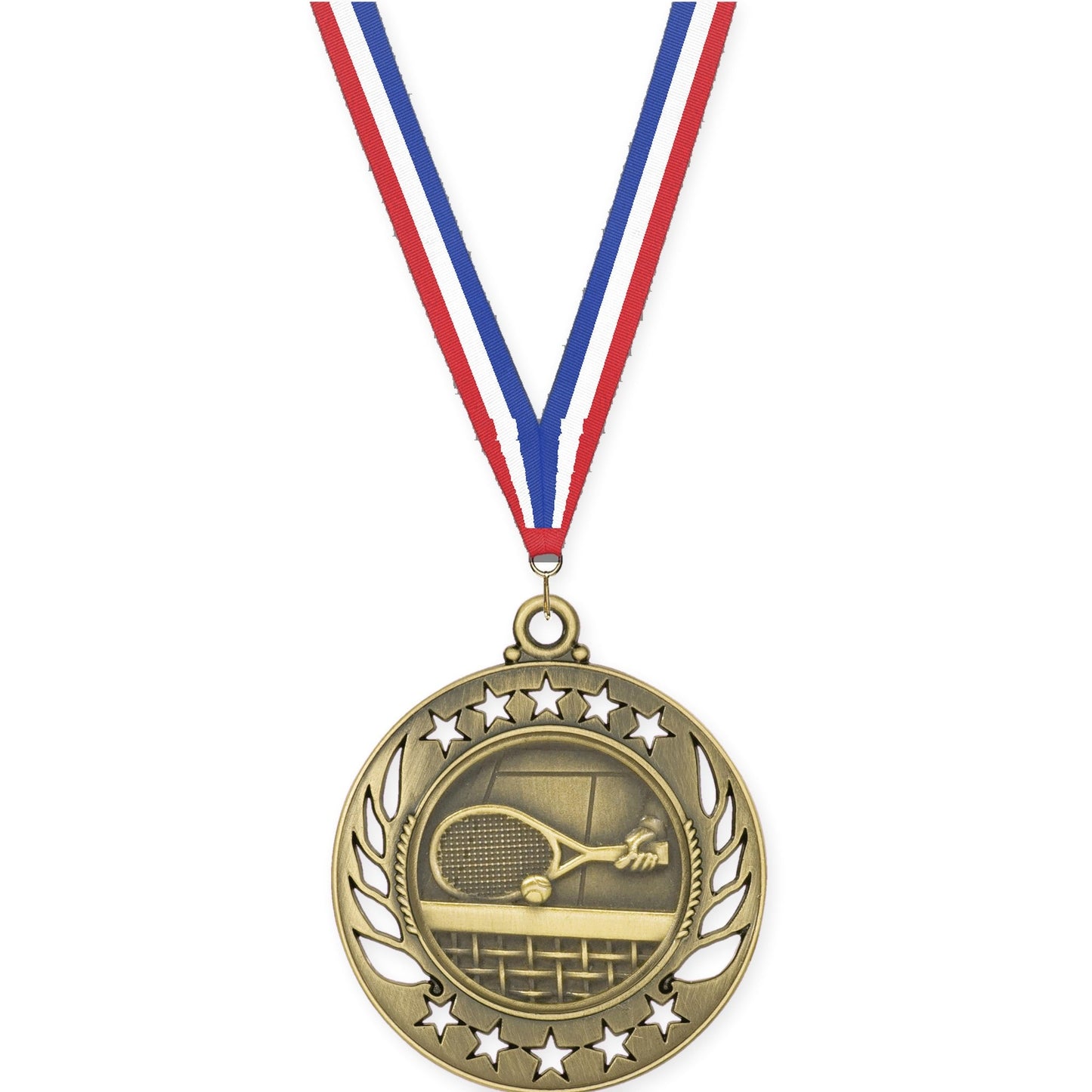 2 1/4 inch tennis Galaxy medal in antique gold with Red White Blue neck ribbon
