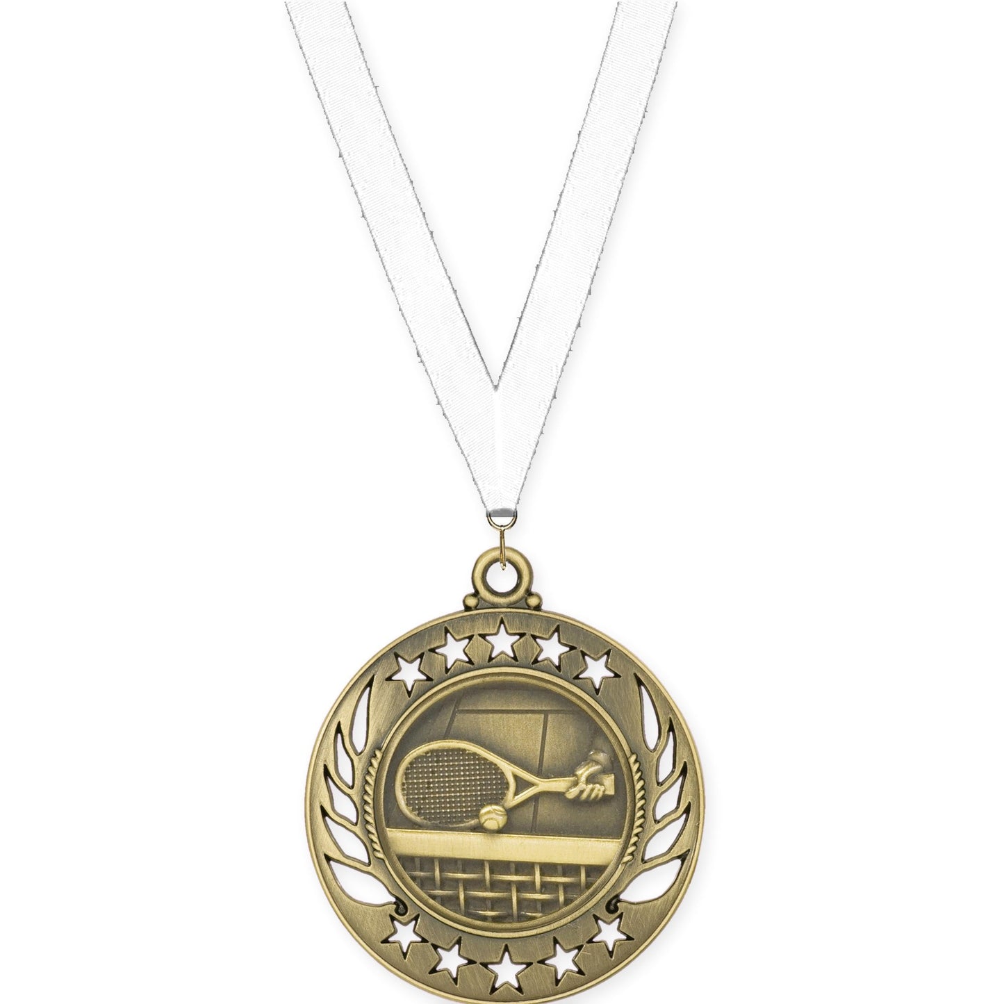 2 1/4 inch tennis Galaxy medal in antique gold with White neck ribbon