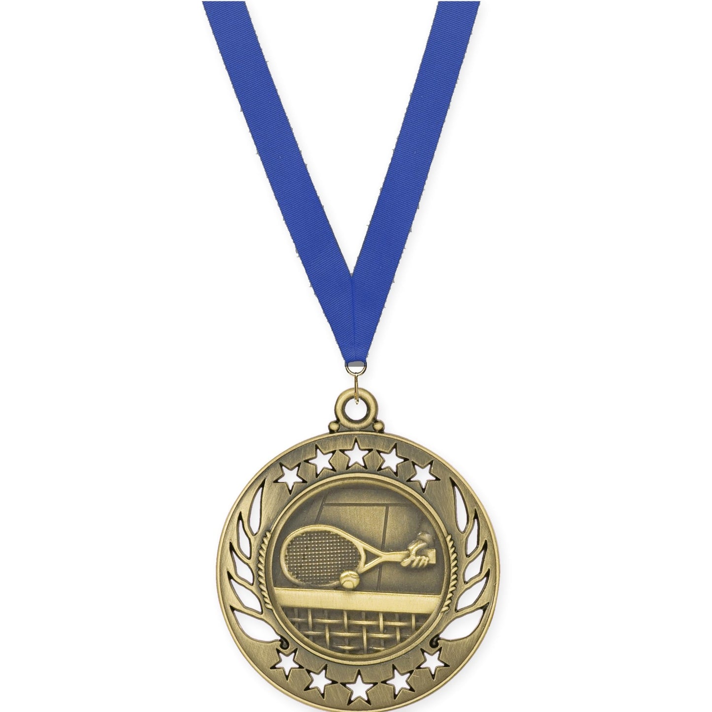 2 1/4 inch tennis Galaxy medal in antique gold with Blue neck ribbon