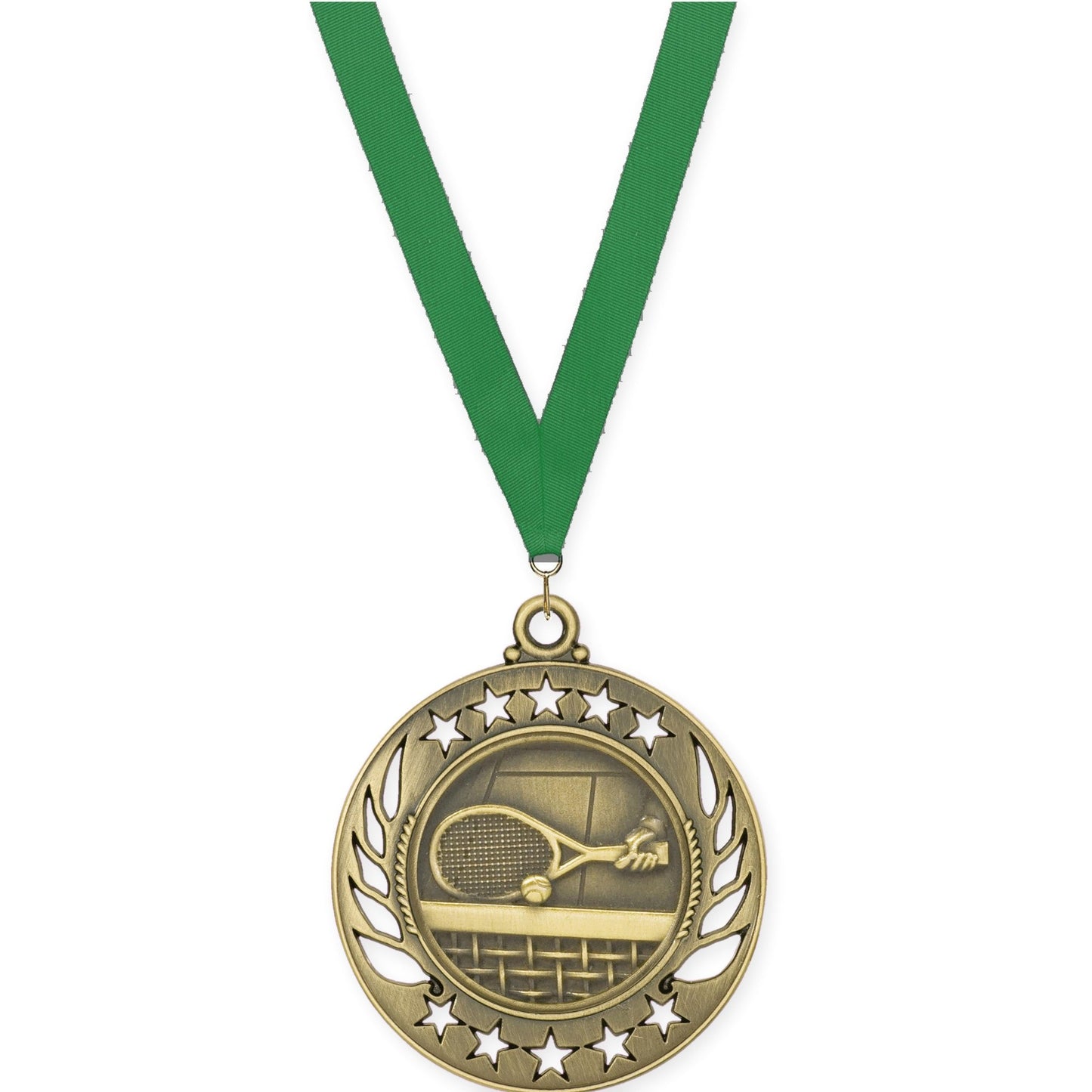 2 1/4 inch tennis Galaxy medal in antique gold with Green neck ribbon