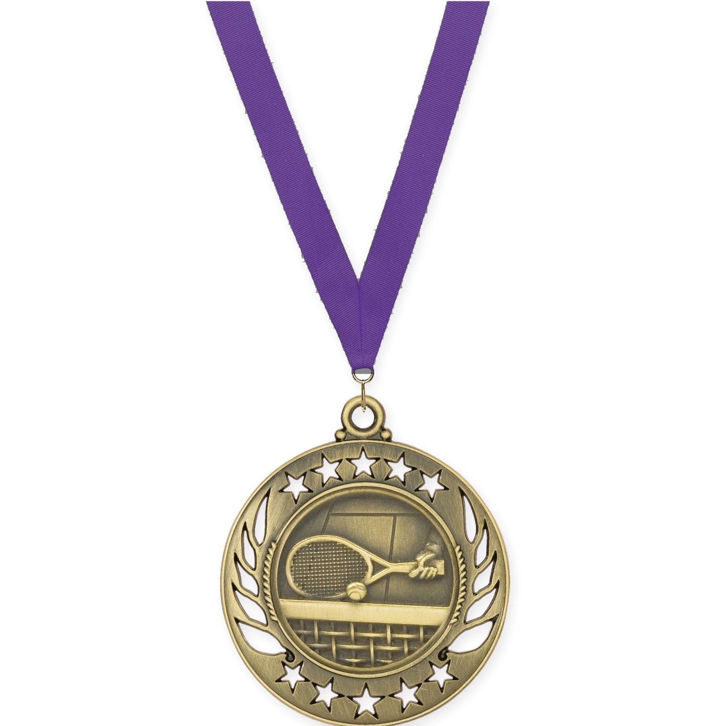 2 1/4 inch tennis Galaxy medal in antique gold with Purple neck ribbon