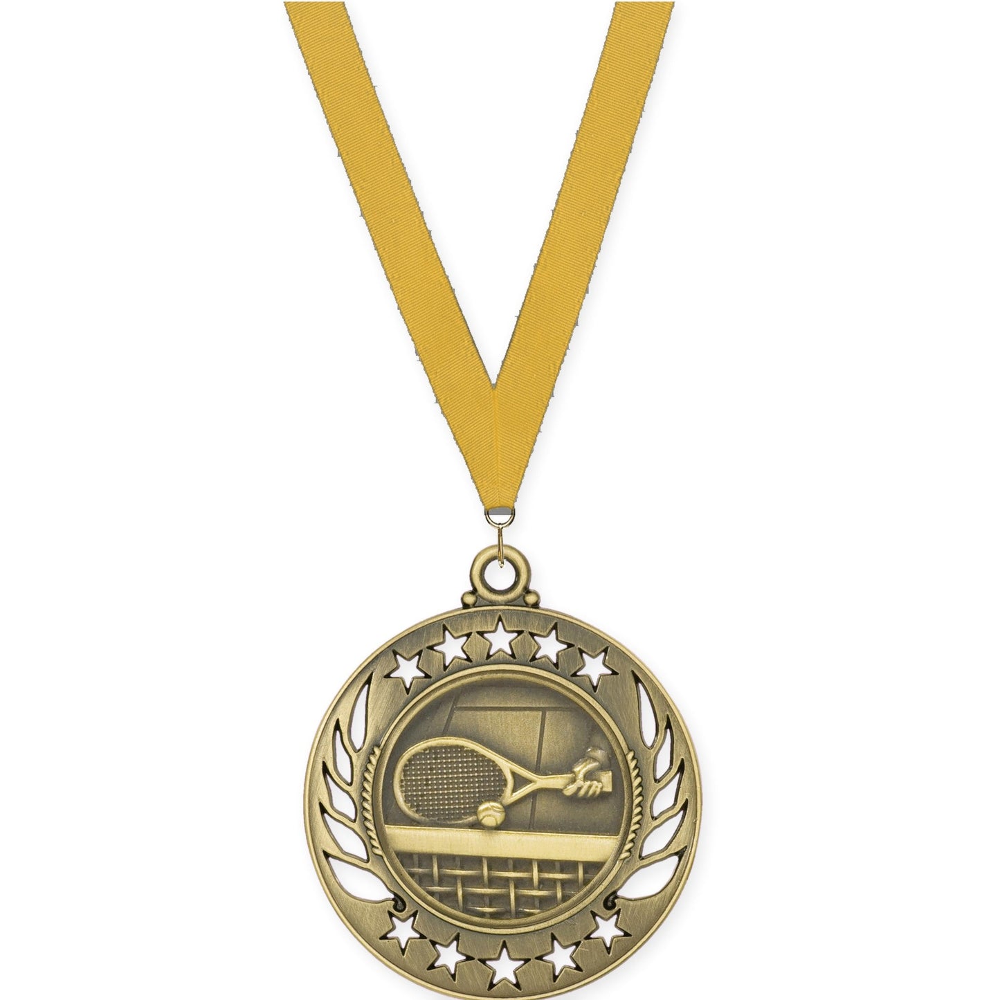 2 1/4 inch tennis Galaxy medal in antique gold with Gold neck ribbon