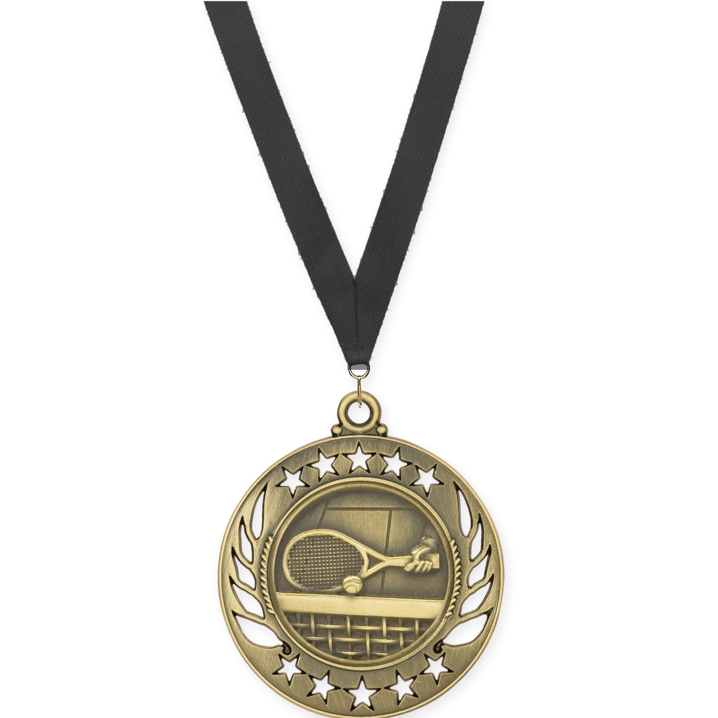 2 1/4 inch tennis Galaxy medal in antique gold with Black neck ribbon