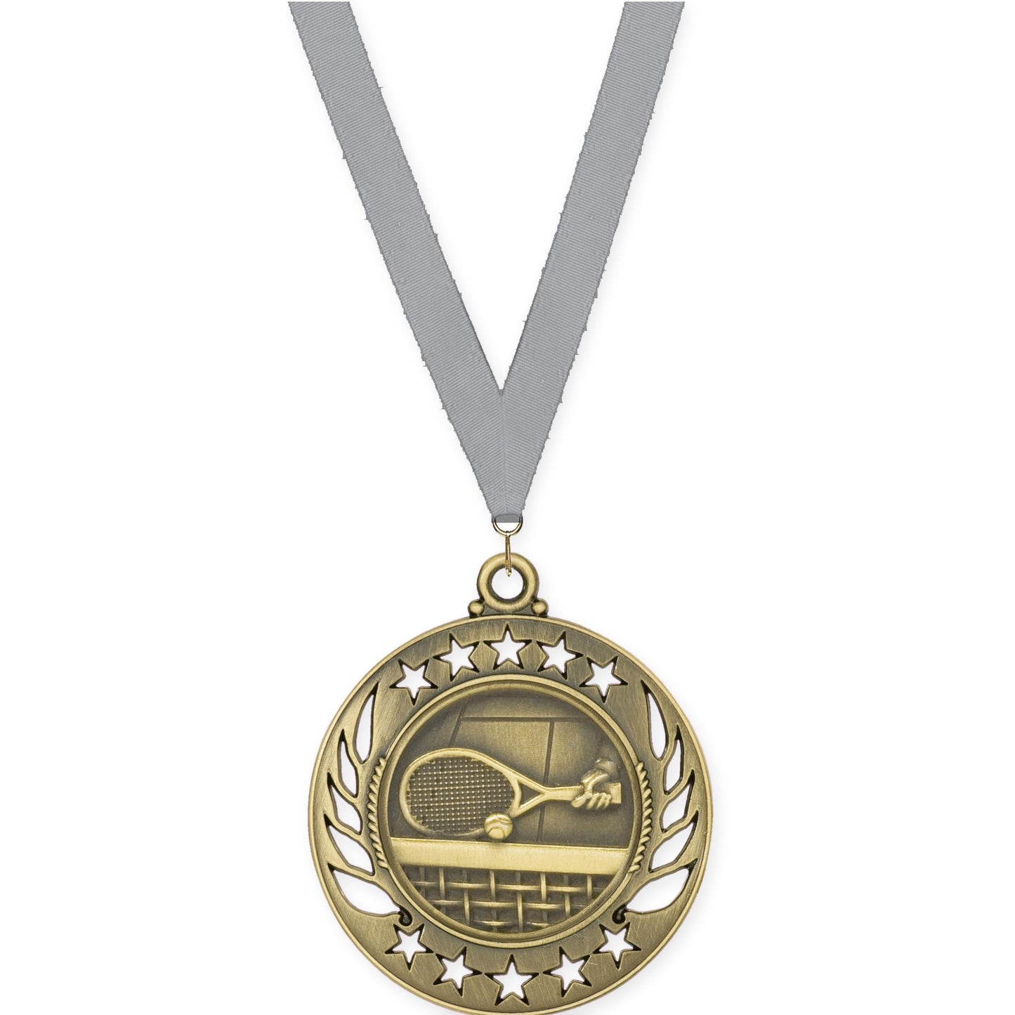 2 1/4 inch tennis Galaxy medal in antique gold with Gray neck ribbon