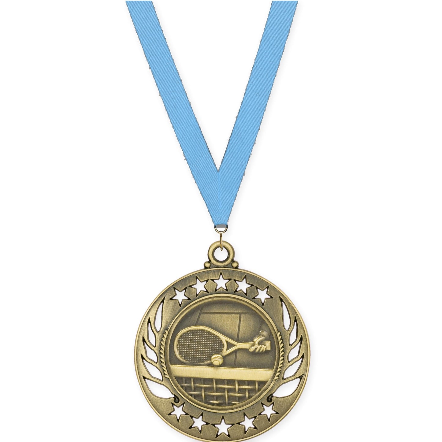 2 1/4 inch tennis Galaxy medal in antique gold with Light Blue neck ribbon