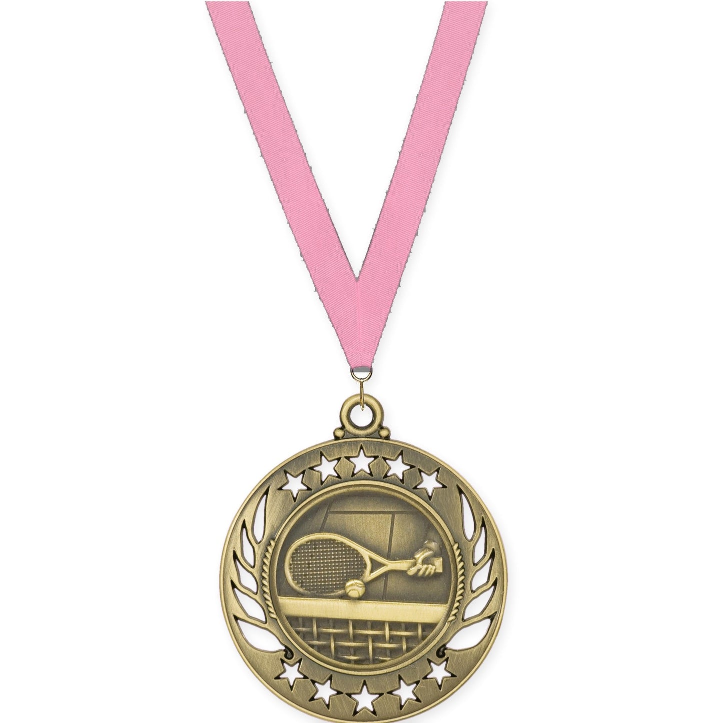 2 1/4 inch tennis Galaxy medal in antique gold with Pink neck ribbon