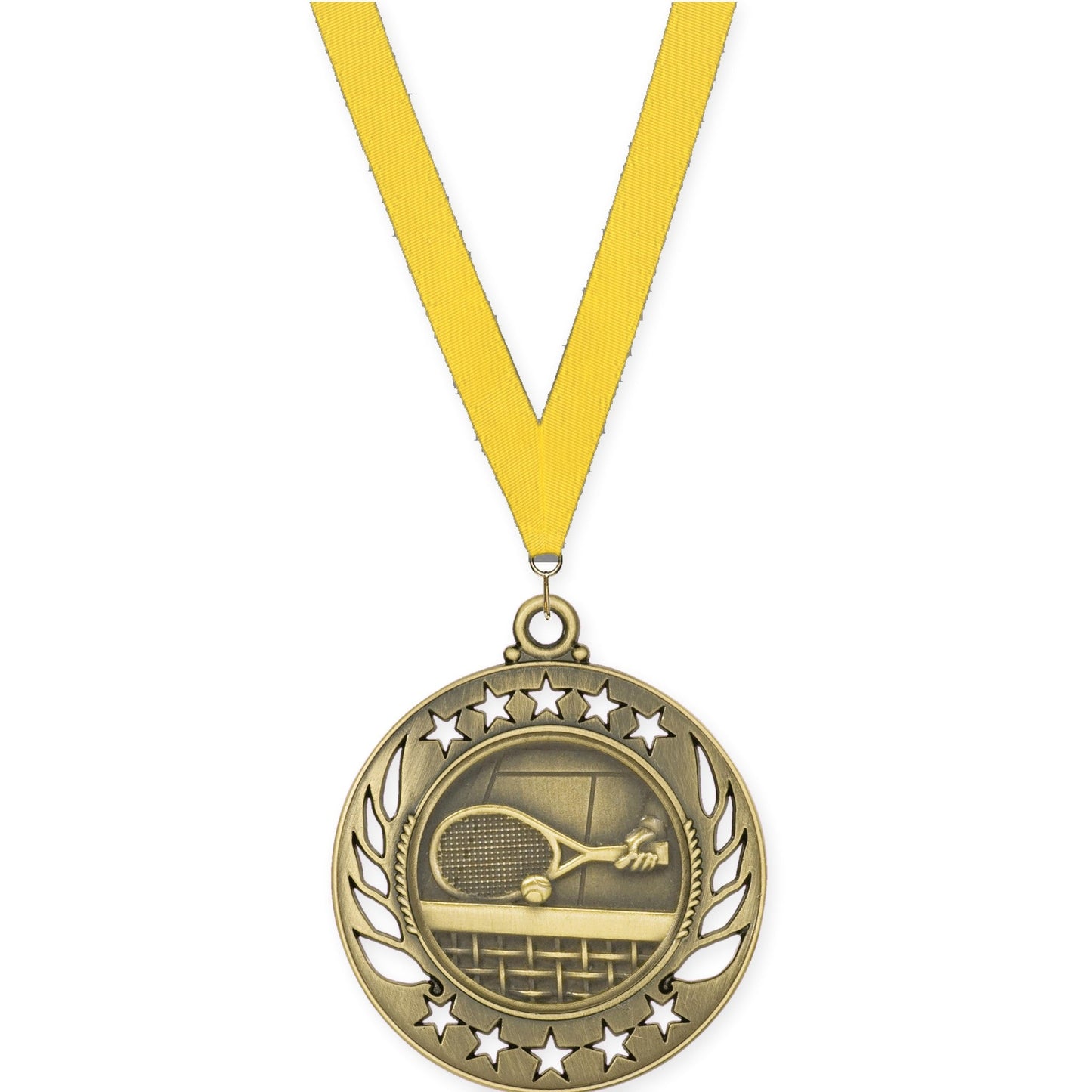 2 1/4 inch tennis Galaxy medal in antique gold with Yellow neck ribbon
