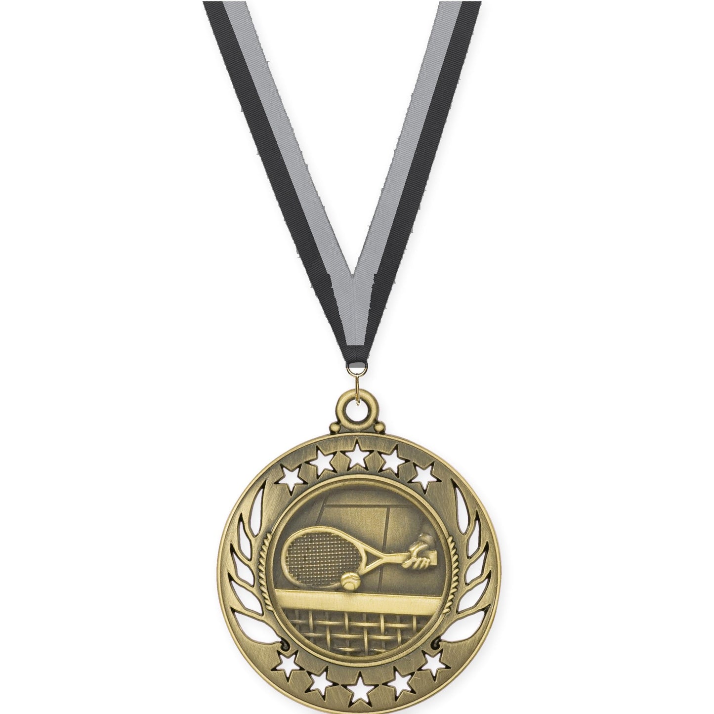 2 1/4 inch tennis Galaxy medal in antique gold with Black Gray neck ribbon