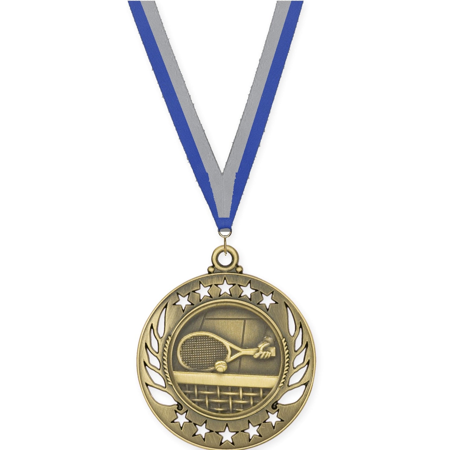 2 1/4 inch tennis Galaxy medal in antique gold with Blue Gray neck ribbon
