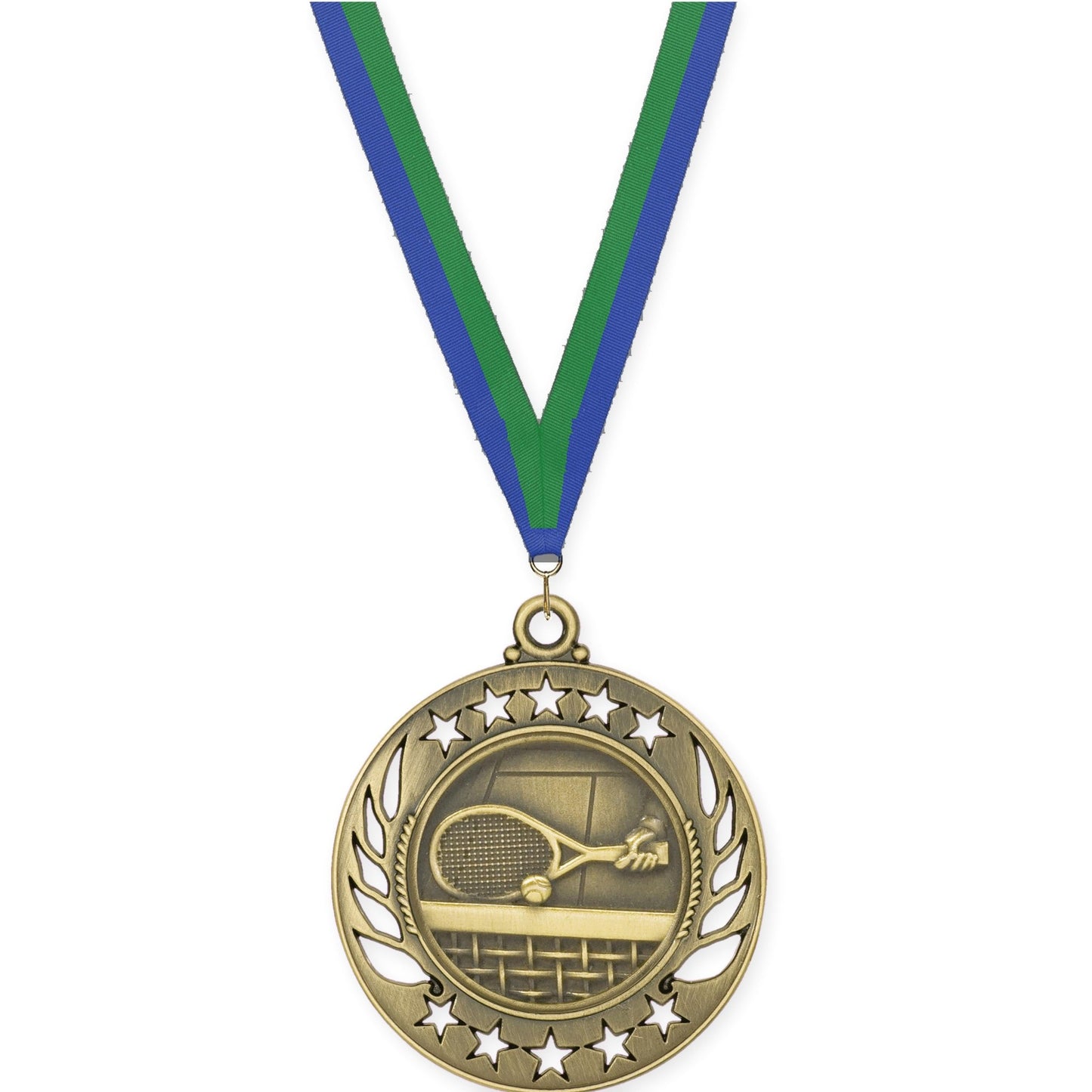 2 1/4 inch tennis Galaxy medal in antique gold with Blue Green neck ribbon