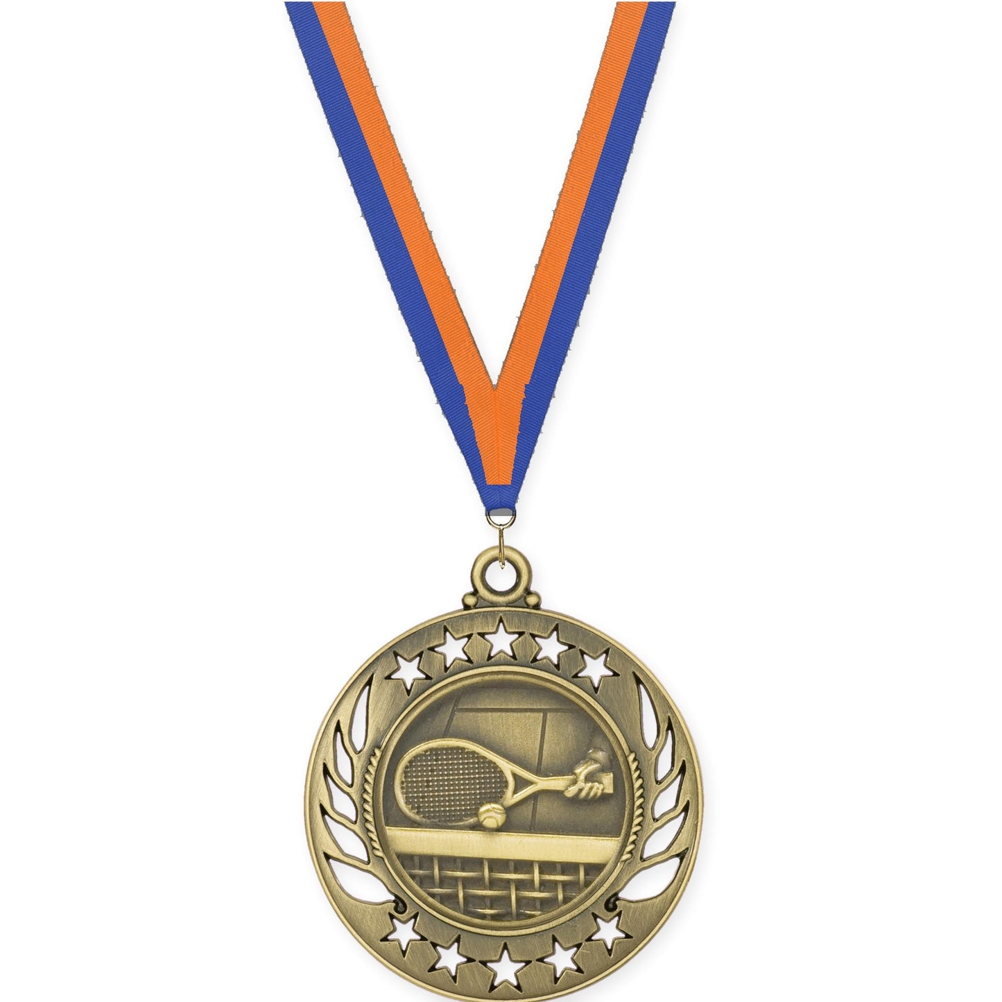 2 1/4 inch tennis Galaxy medal in antique gold with Blue Orange neck ribbon