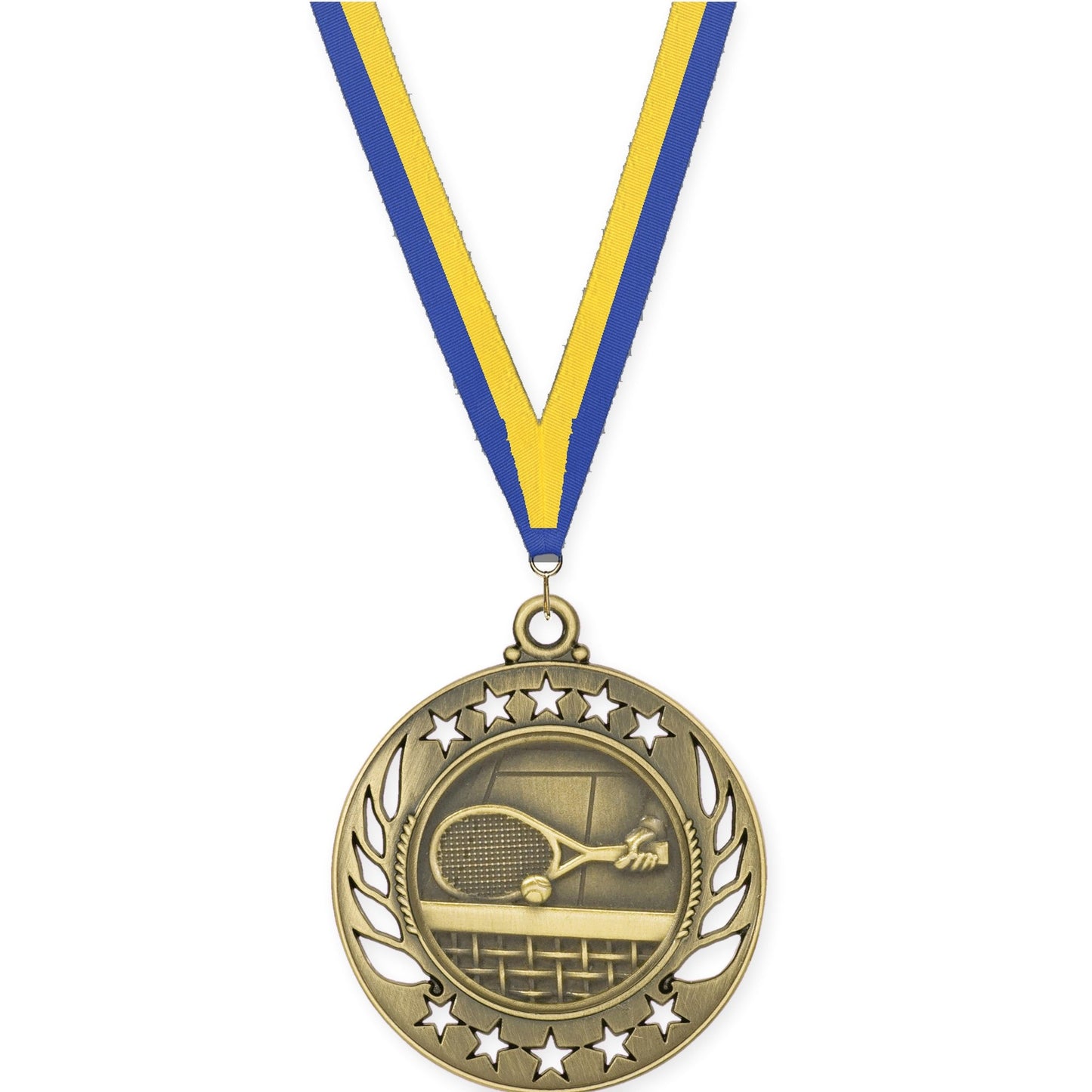 2 1/4 inch tennis Galaxy medal in antique gold with Blue Yellow neck ribbon