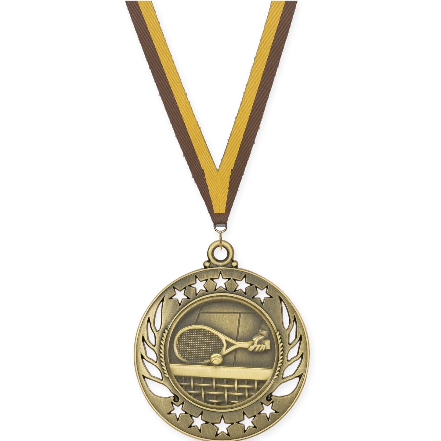 2 1/4 inch tennis Galaxy medal in antique gold with Brown Gold neck ribbon