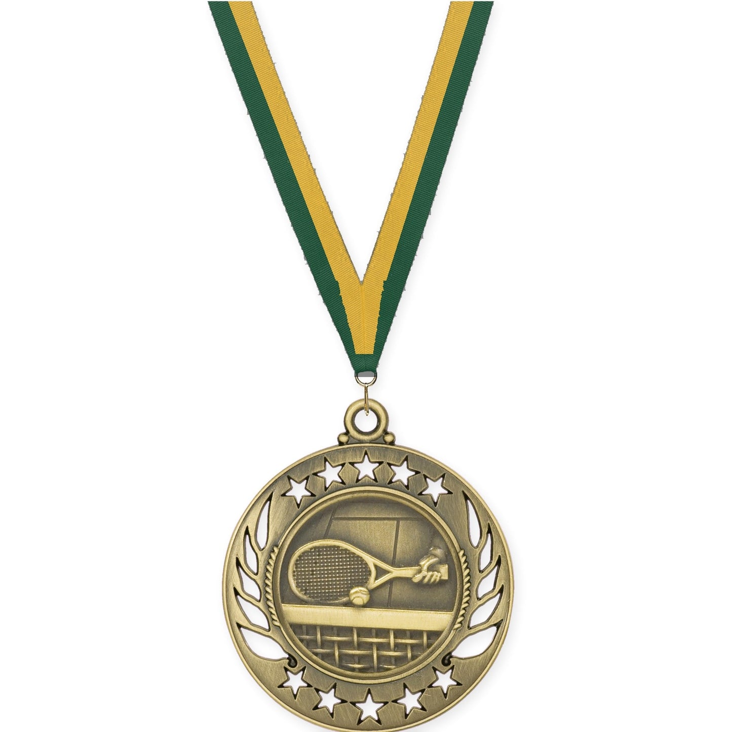 2 1/4 inch tennis Galaxy medal in antique gold with Hunter Green Gold neck ribbon
