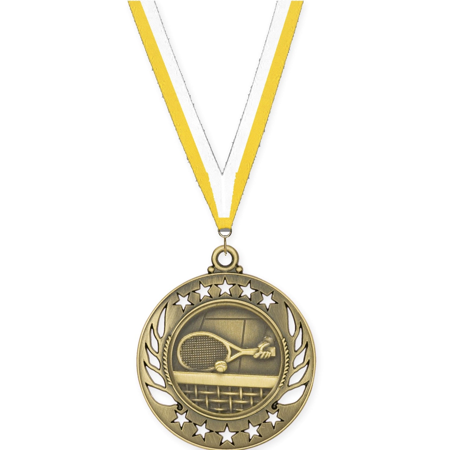 2 1/4 inch tennis Galaxy medal in antique gold with Yellow White neck ribbon