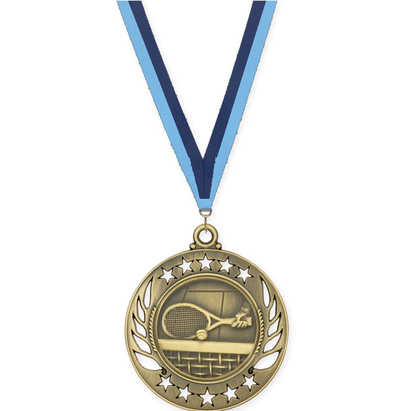 2 1/4 inch tennis Galaxy medal in antique gold with Light Blue Navy neck ribbon