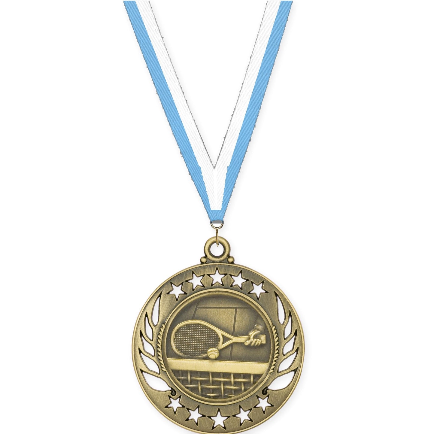 2 1/4 inch tennis Galaxy medal in antique gold with Light Blue White neck ribbon