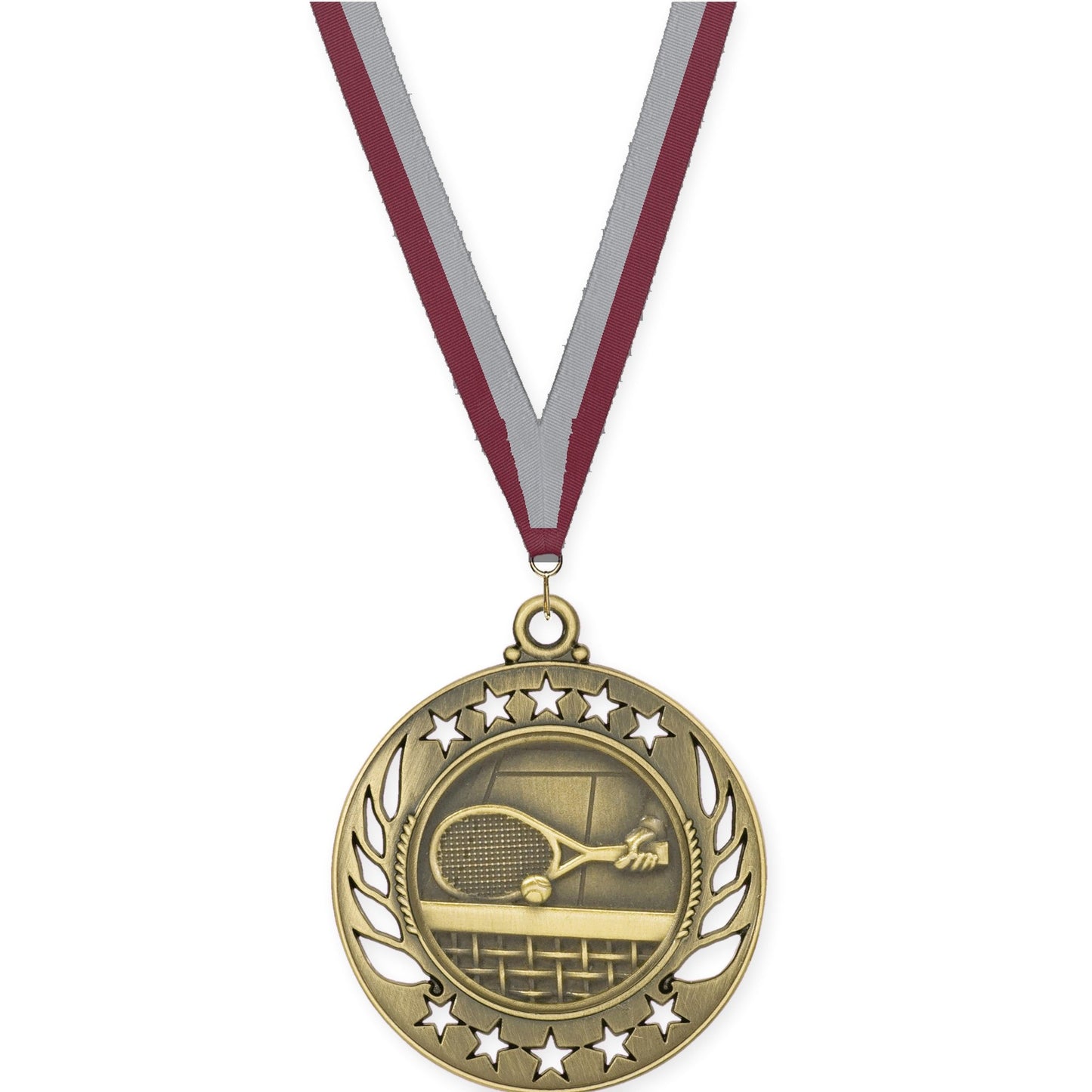 2 1/4 inch tennis Galaxy medal in antique gold with Maroon Gray neck ribbon