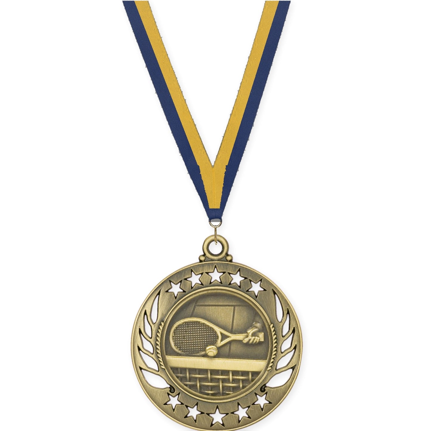 2 1/4 inch tennis Galaxy medal in antique gold with Navy Gold neck ribbon