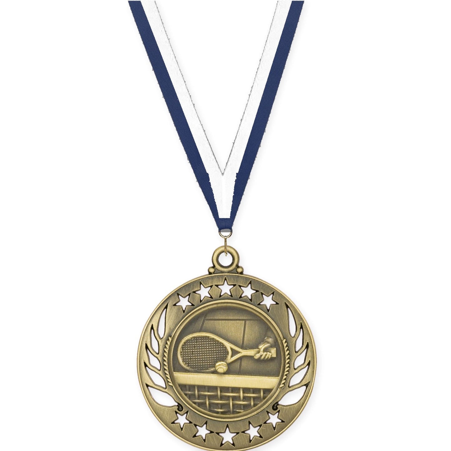 2 1/4 inch tennis Galaxy medal in antique gold with Navy White neck ribbon