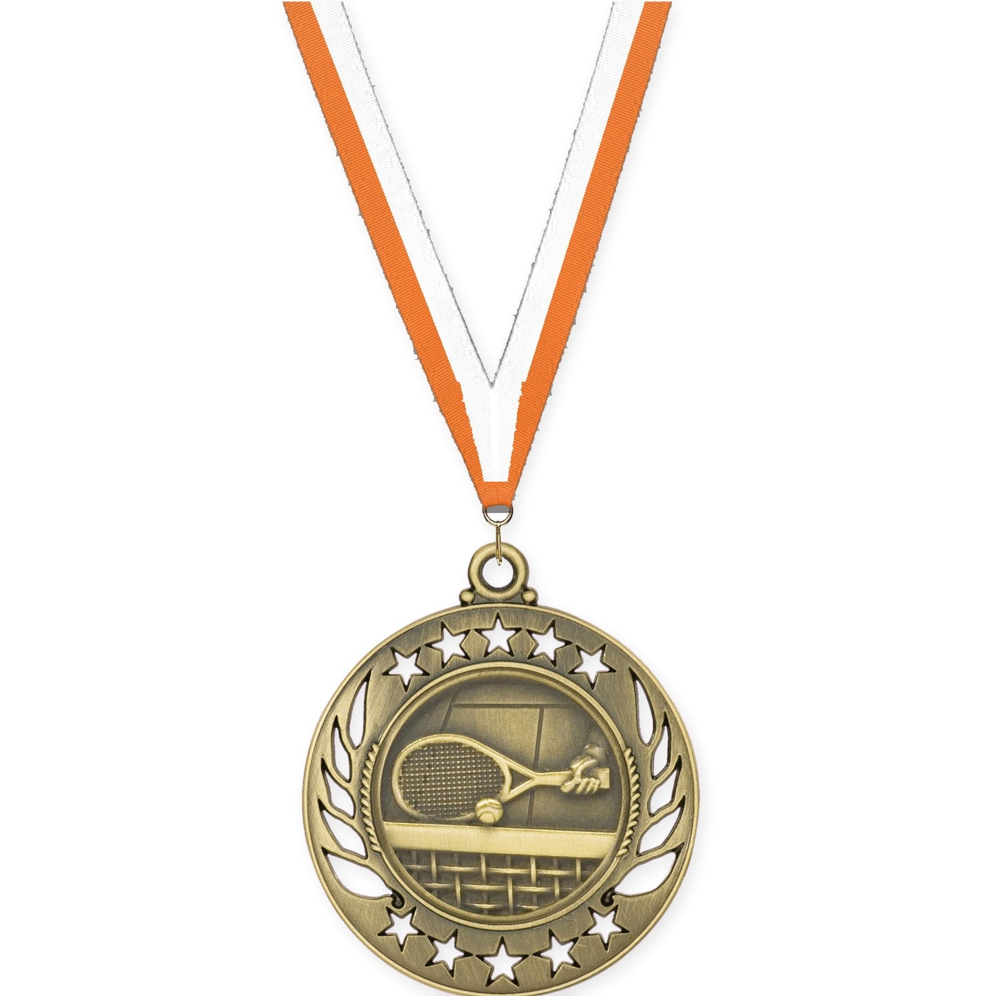 2 1/4 inch tennis Galaxy medal in antique gold with Orange White neck ribbon