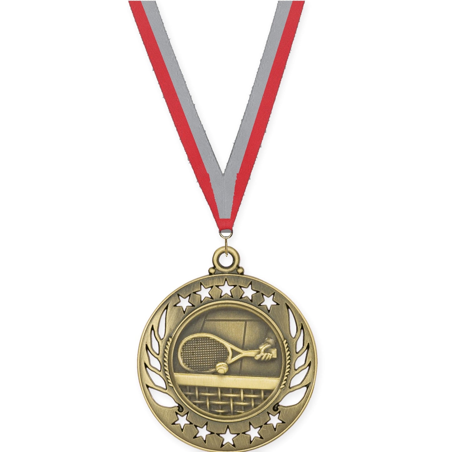 2 1/4 inch tennis Galaxy medal in antique gold with Red Gray neck ribbon