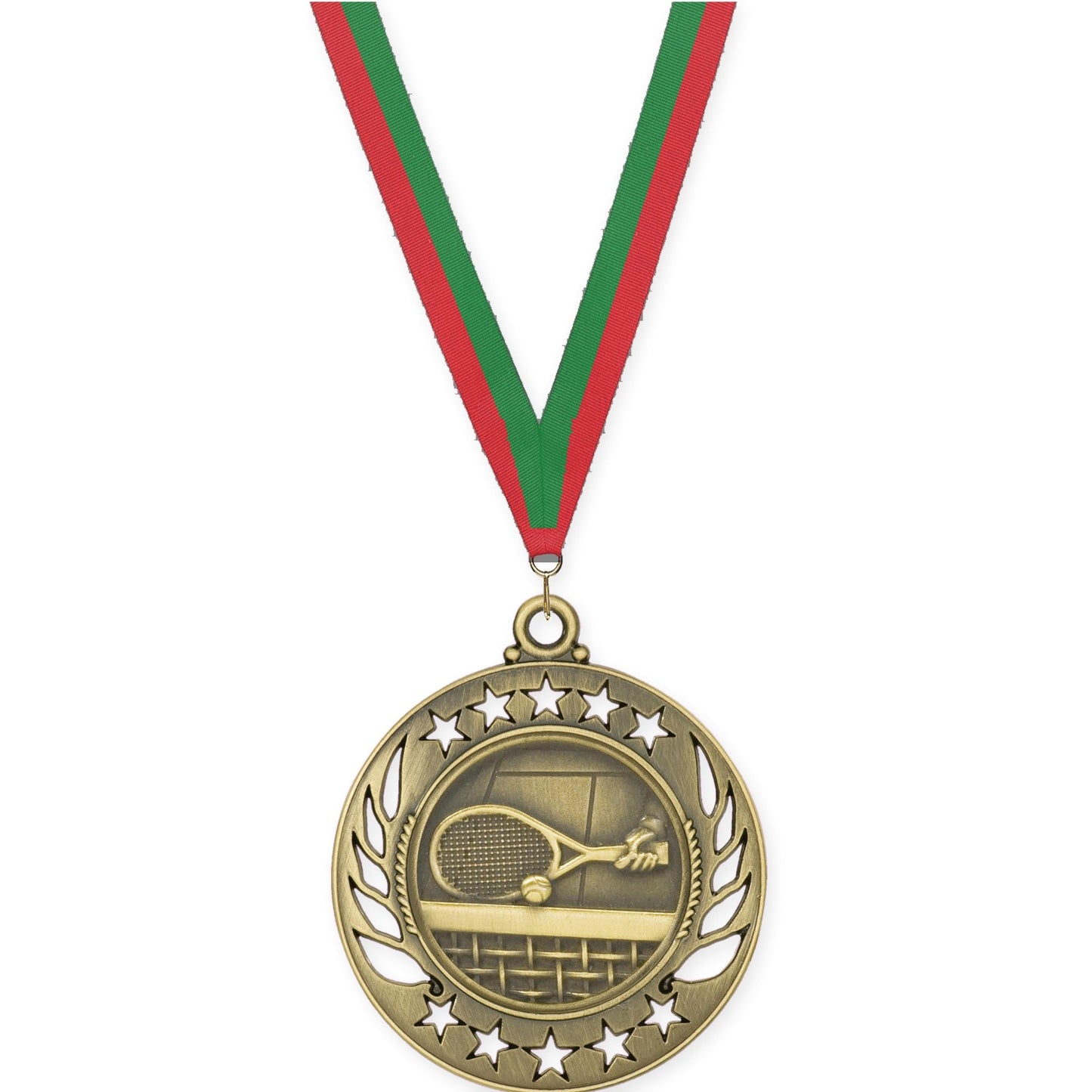 2 1/4 inch tennis Galaxy medal in antique gold with Red Green neck ribbon