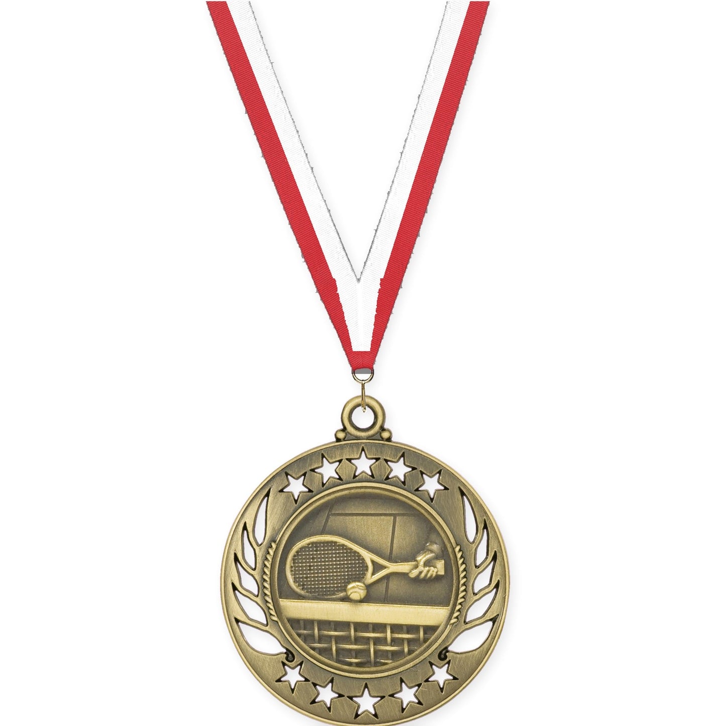 2 1/4 inch tennis Galaxy medal in antique gold with Red White neck ribbon