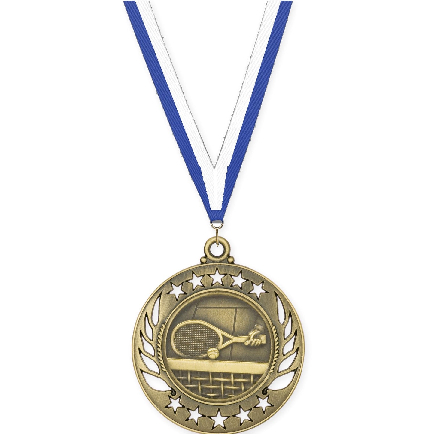 2 1/4 inch tennis Galaxy medal in antique gold with Blue White neck ribbon